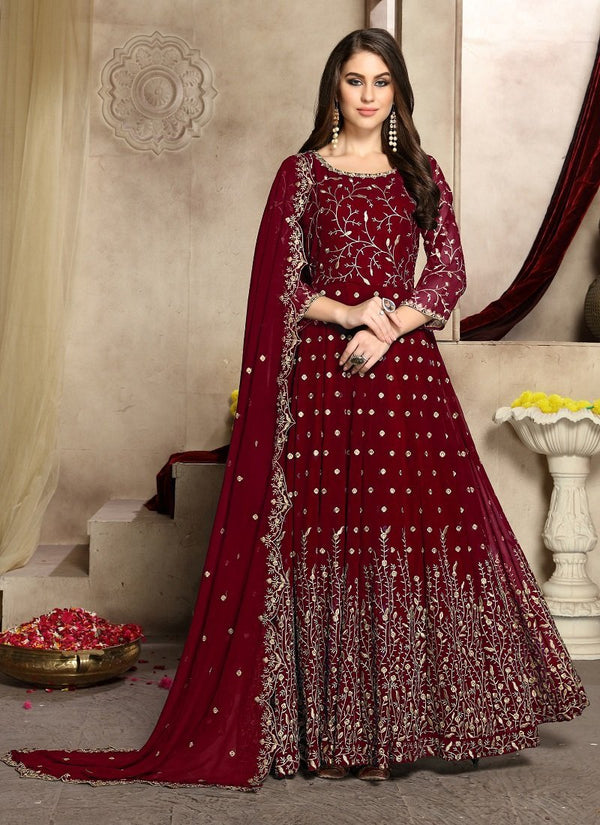 Women's Red Georgette Embroidered Anarkali Suit2 - Monjolika