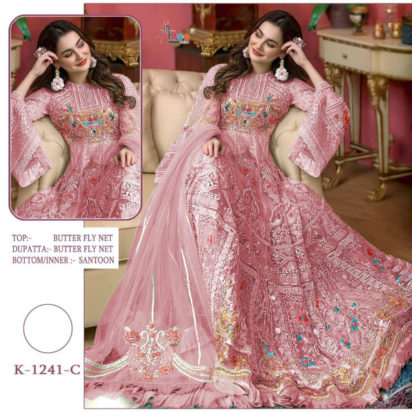 Pink Net Embroidery Anarkali With Dupatta Set