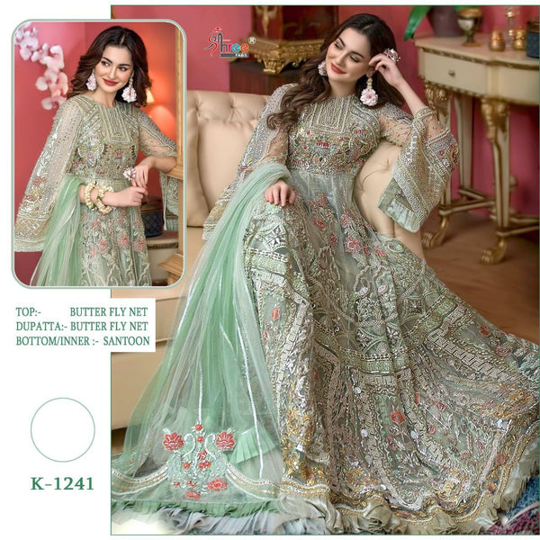 Mint Net Embroidery Anarkali With Dupatta Set