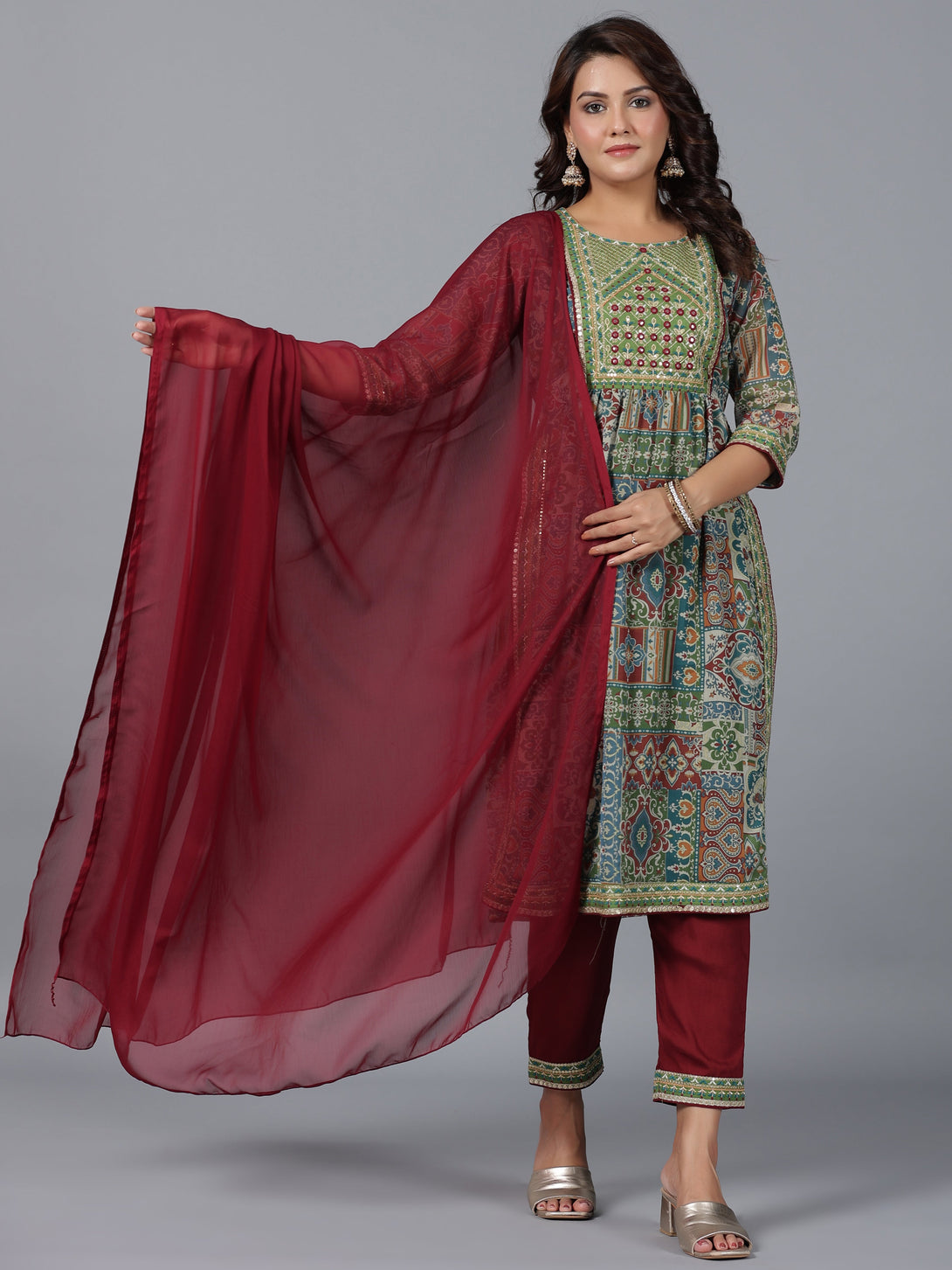 Women's Green Chiffon Printed With Embroidery Kurta, Pants & Dupatta Set - Juniper