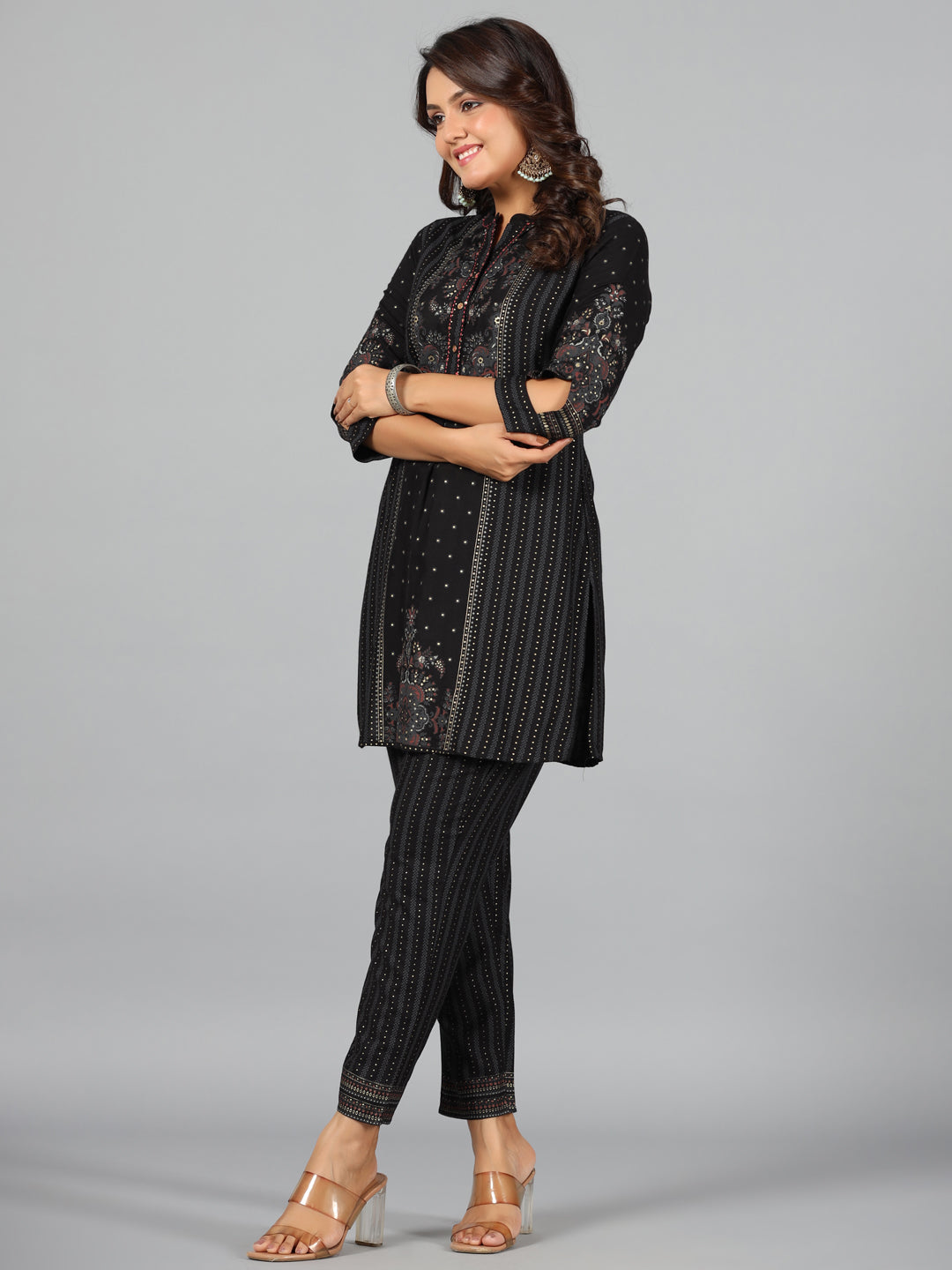 Women's Black Rayon Printed Kurta Pants Set - Juniper