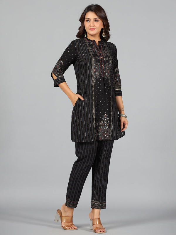 Women's Black Rayon Printed Kurta Pants Set - Juniper