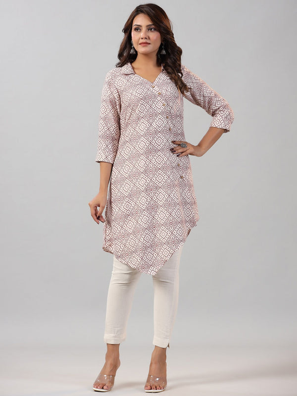 Jashvi Off-White Geometric Printed Asymmetric Kurta.