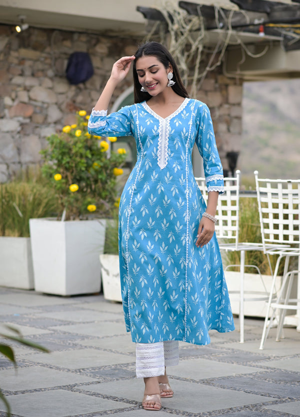 Women's Blue Printed A Line Kurta And Palazzo Set - Hatheli