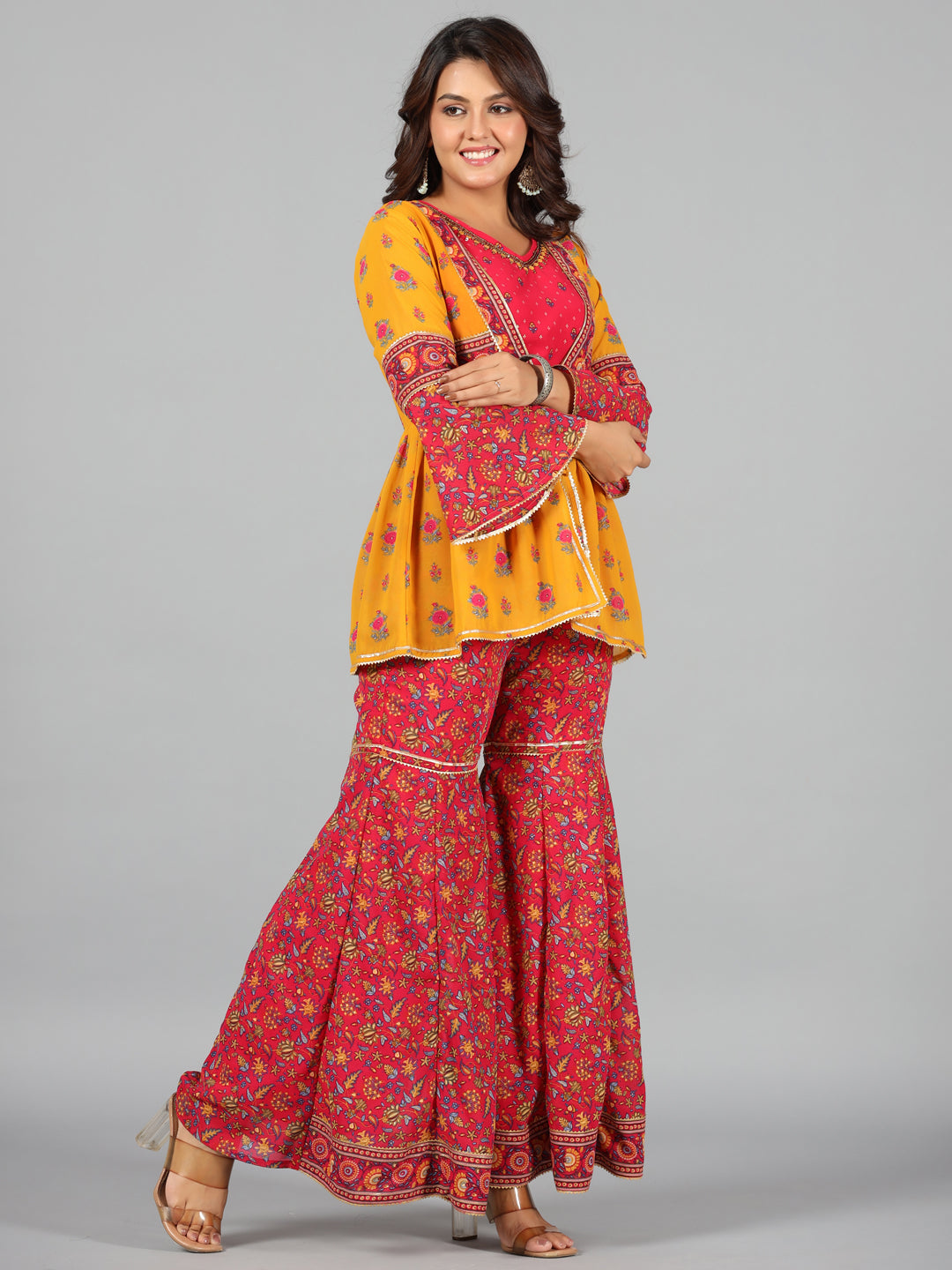 Women's Mustard Georgette Printed Clothing Set - Juniper