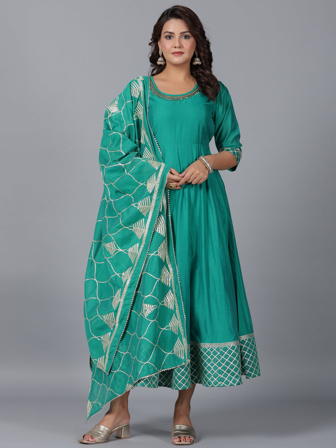 Women's Green Chanderi Anarkali Gota Patti Kurta & Dupatta Set - Juniper