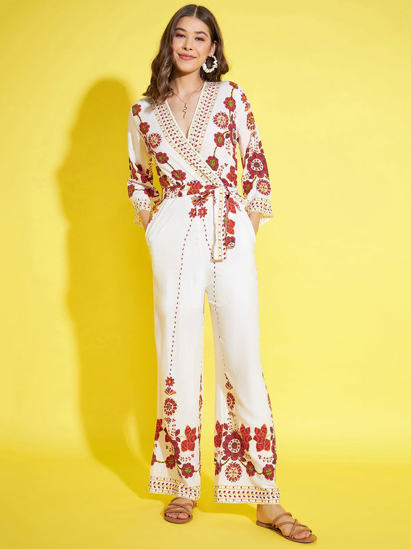 Women's Printed Cream & Red Jumpsuit - StyleStone