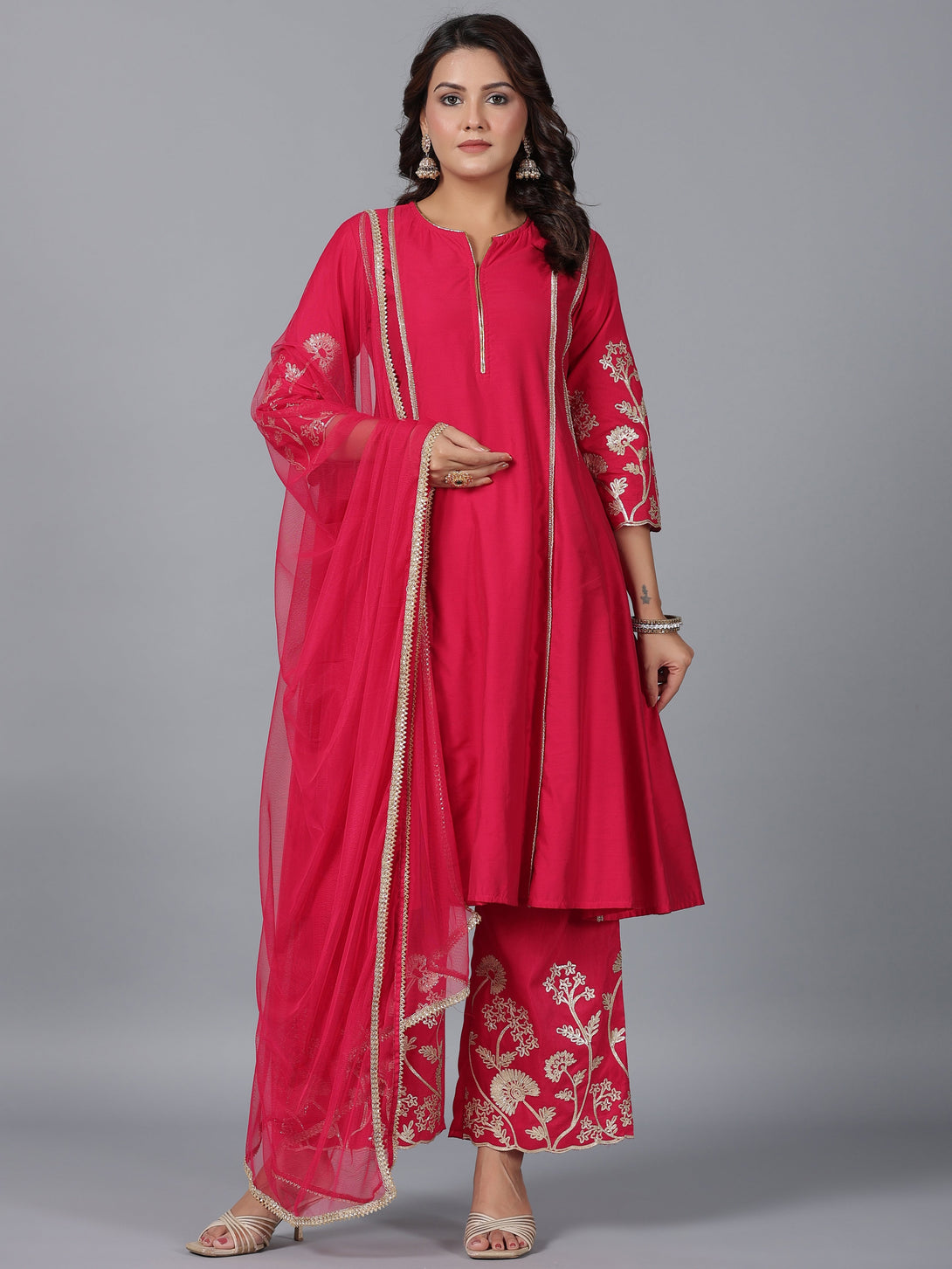 Women's Fuchsia Chanderi Gota Patti Kurta, Palazzo & Dupatta Set - Juniper