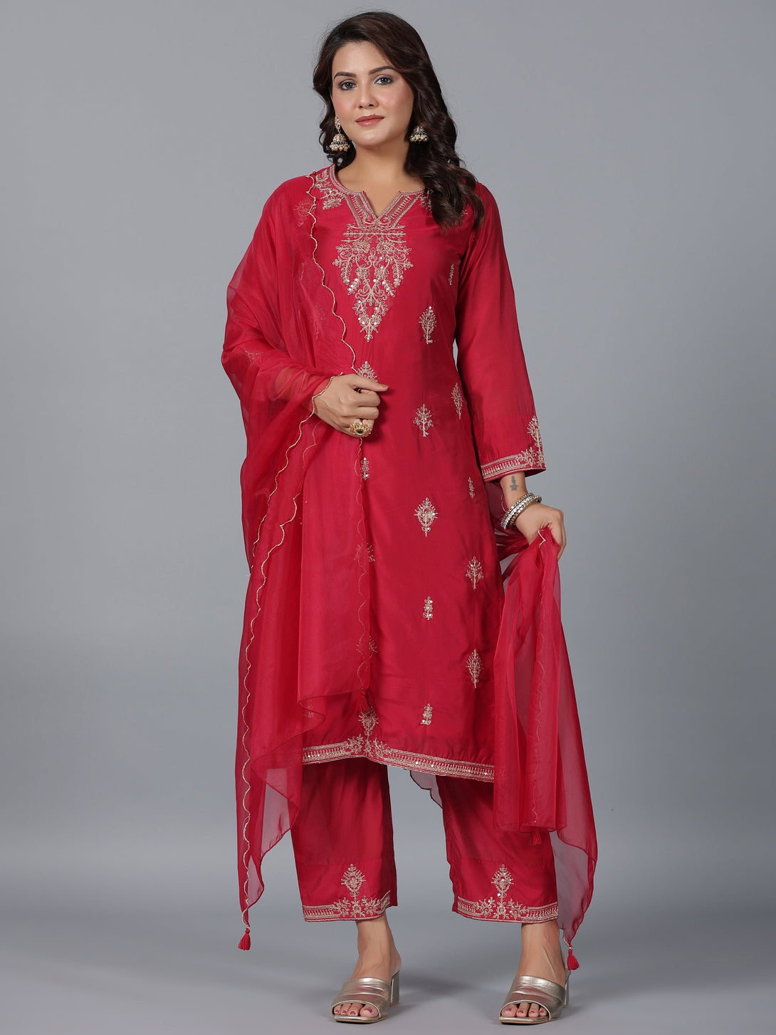 Women's Red Chanderi Embroidered Kurta, Pants & Dupatta Set - Juniper