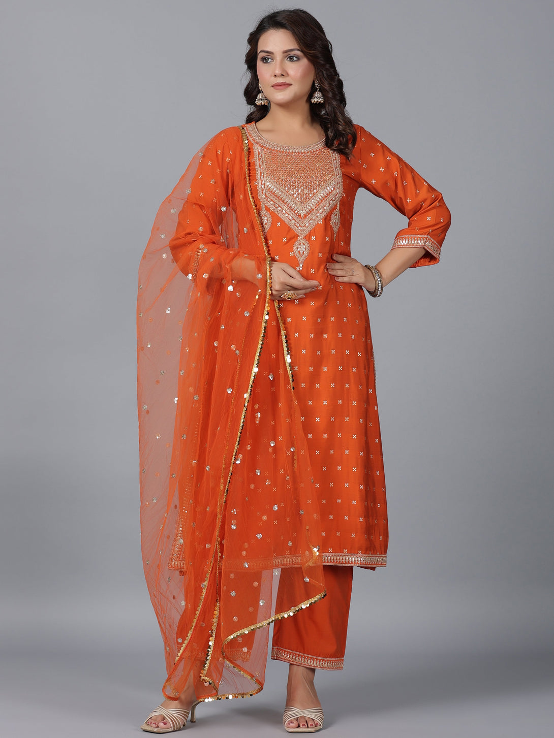 Women's Orange Chanderi Embroidered Kurta, Palazzo & Dupatta Set - Juniper