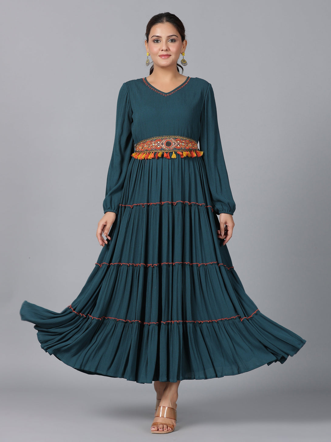 Women's Bottle Green Rayon Crepe Tiered Maxi Dress - Juniper