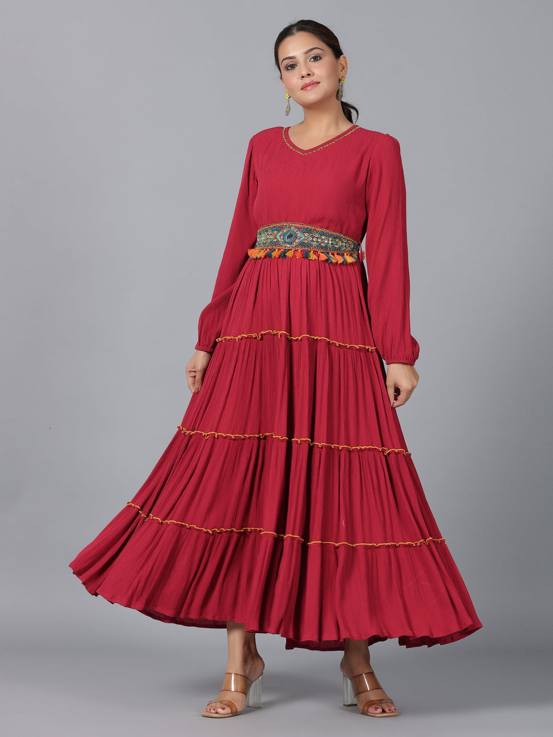 Women's Maroon Rayon Crepe Tiered Maxi Dress - Juniper