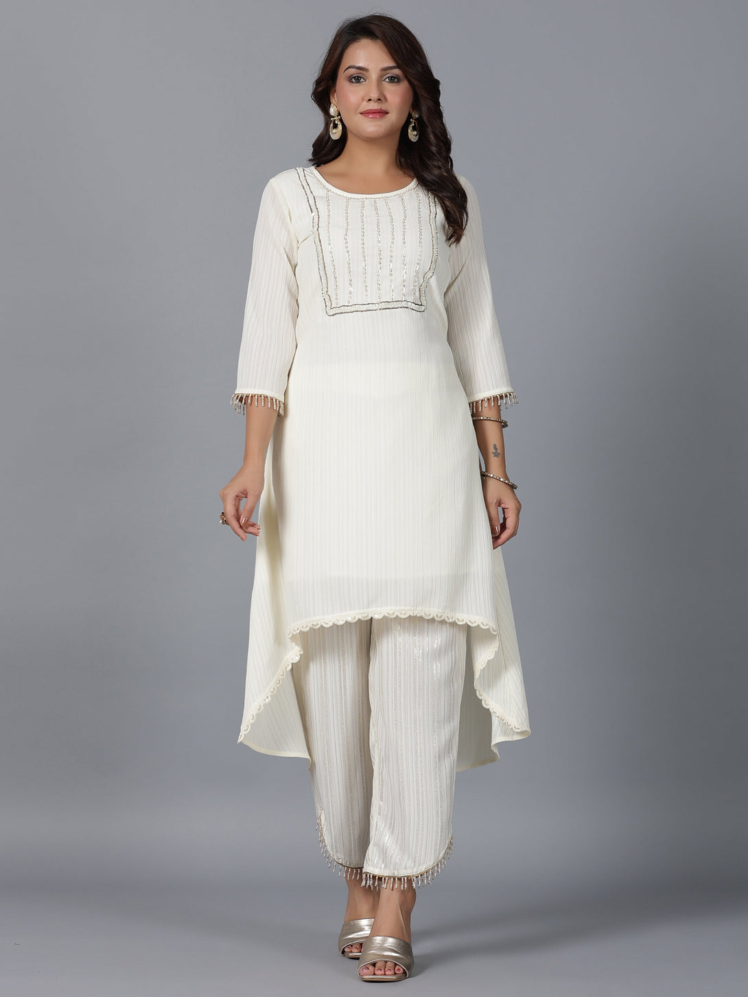 Women's Ivory Magnus Embellished High-Low Kurta And Pants Set - Juniper