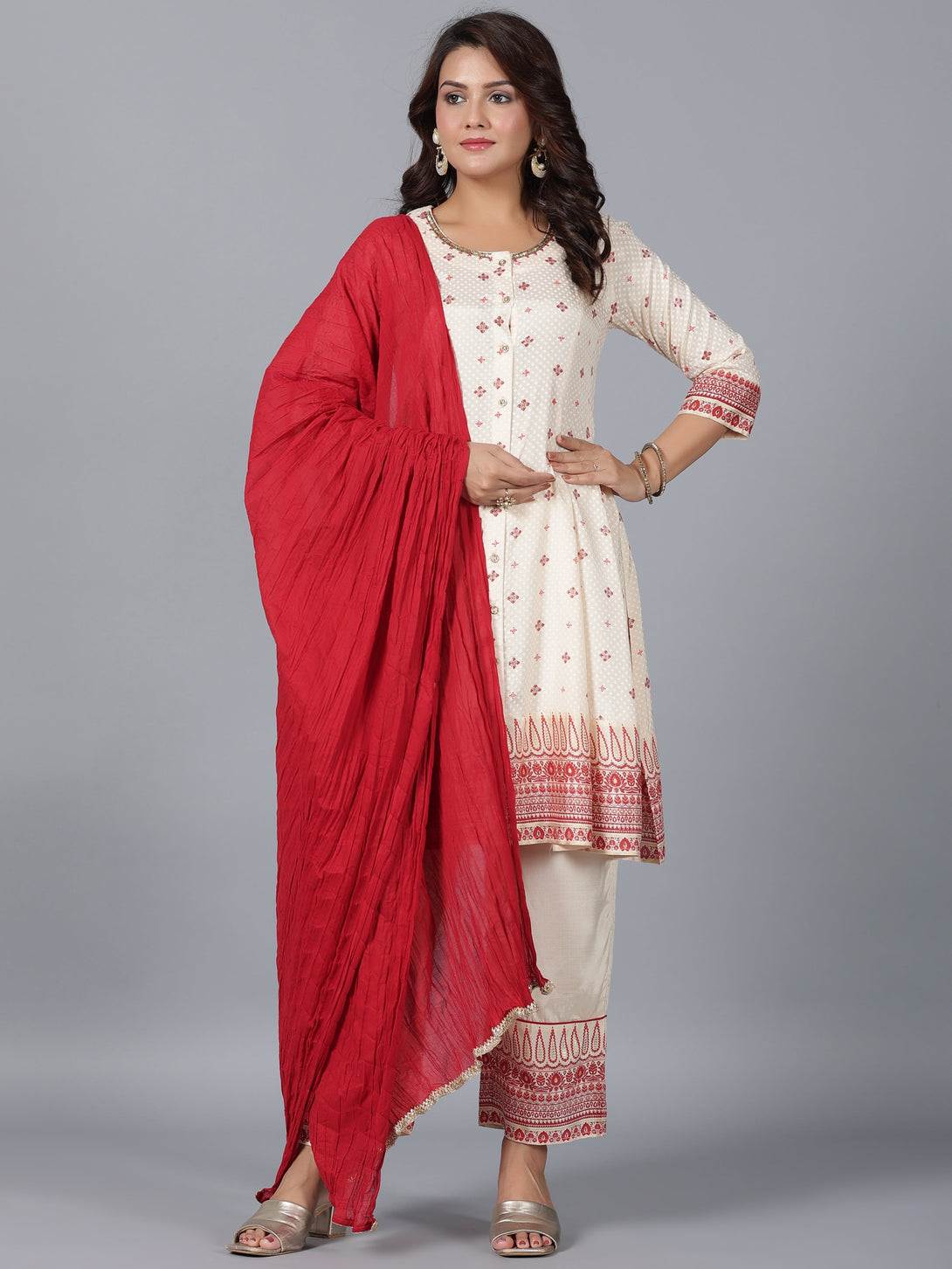 Women's Beige Viscose Shantoon Printed Kurta, Pants & Dupatta Set - Juniper