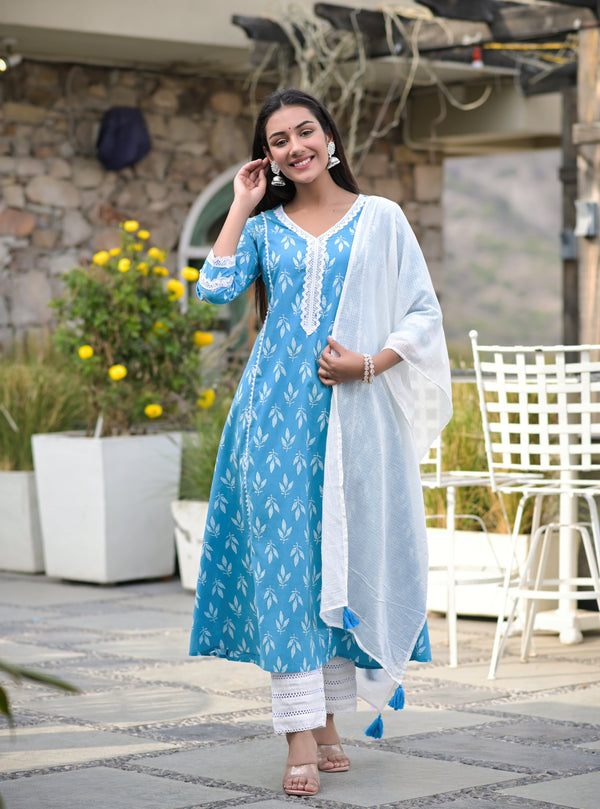 Women's Blue Printed A Line Kurta Palazzo And Dupatta Set - Hatheli