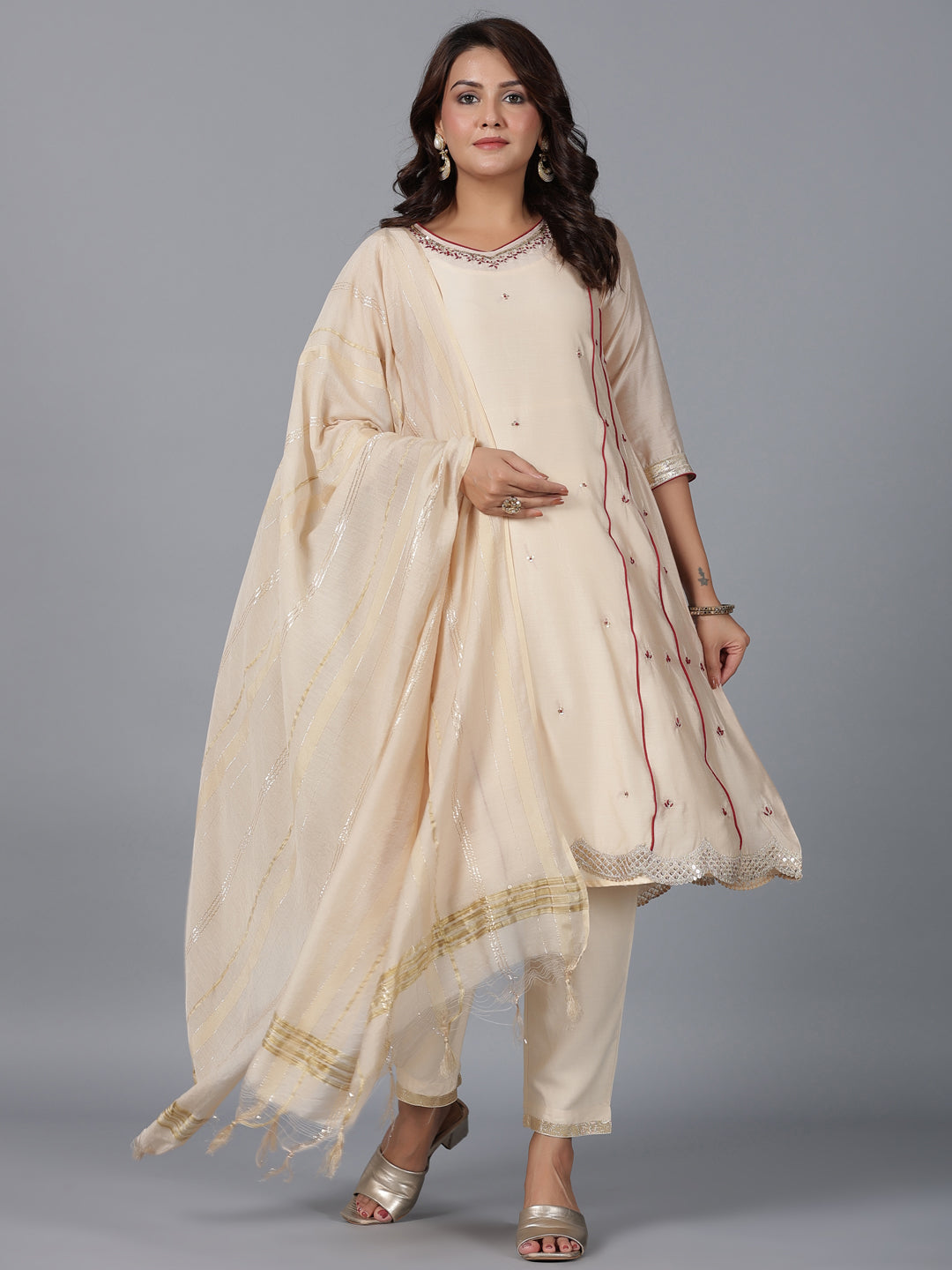 Women's Beige Chanderi Embroidered Kurta, Pants & Dupatta Set - Juniper