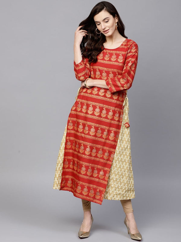 Women's Gold Foil Print Layered Kurta - Pannkh