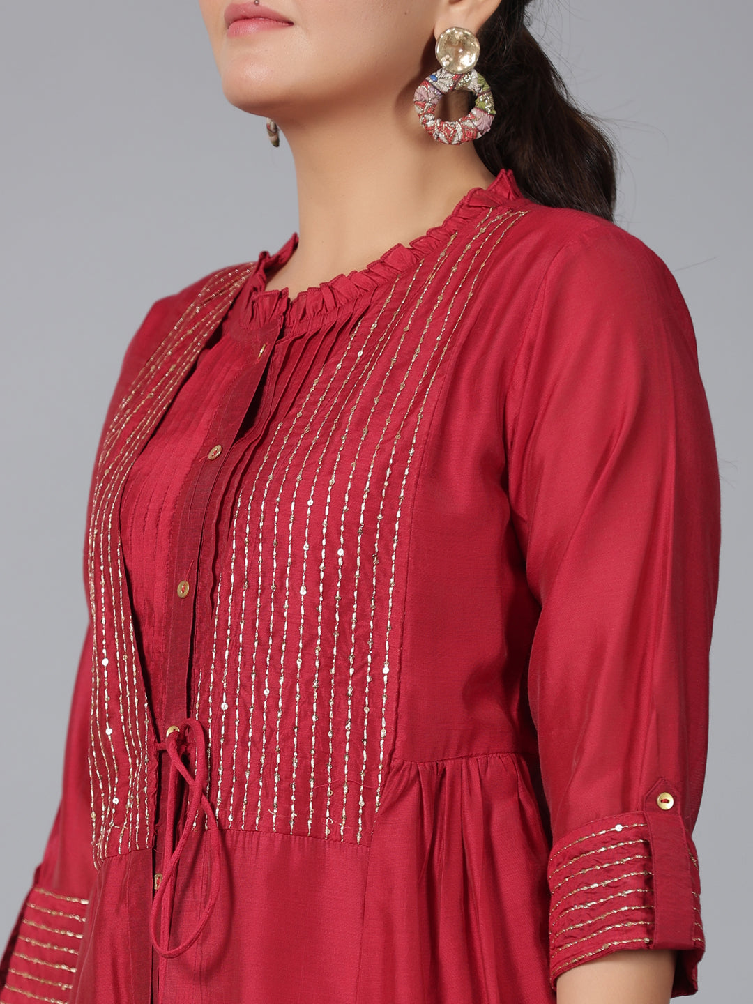 Women's Maroon Chanderi Embroidered Jacket Style Kurta Dress - Juniper