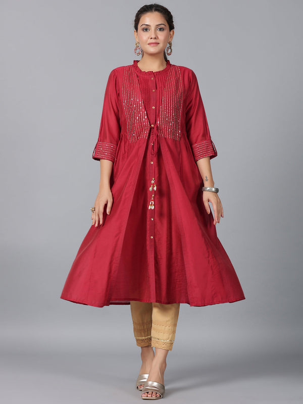 Women's Maroon Chanderi Embroidered Jacket Style Kurta Dress - Juniper