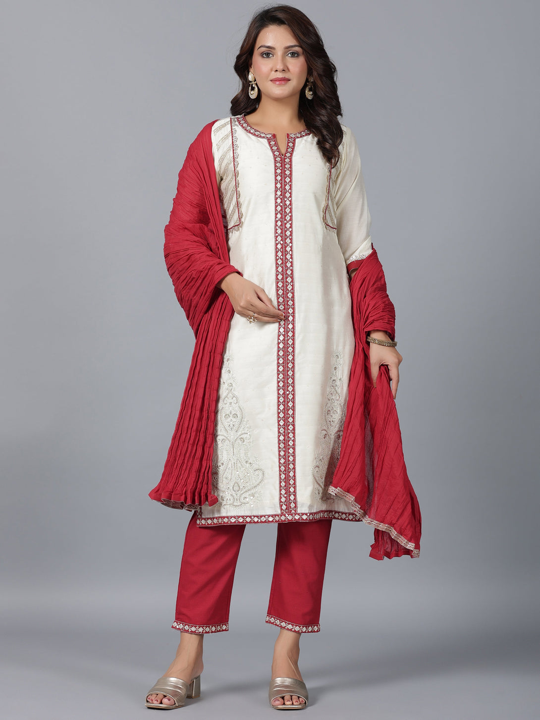 Women's Ivory Chanderi Embroidered Kurta, Pants & Dupatta Set - Juniper