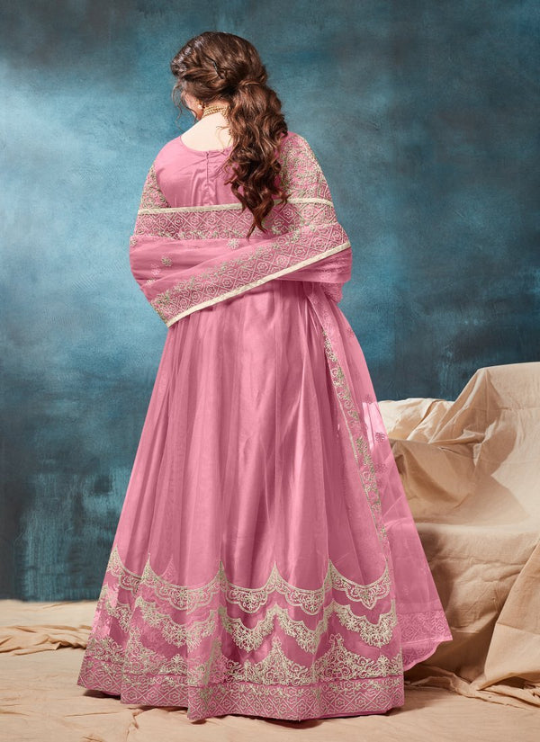 Women's Pink Net Zari Floor Length Anarkali Suit - Monjolika