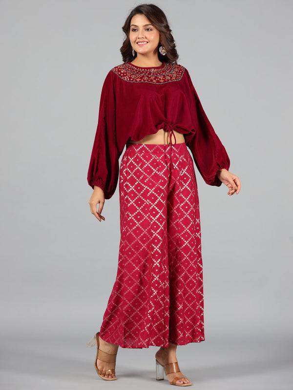 Women's Fuchsia Velvet Embellished Clothing Set - Juniper