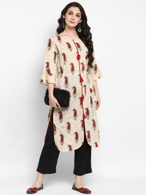 Women's Beige Paisly Printed Kurta - Pannkh