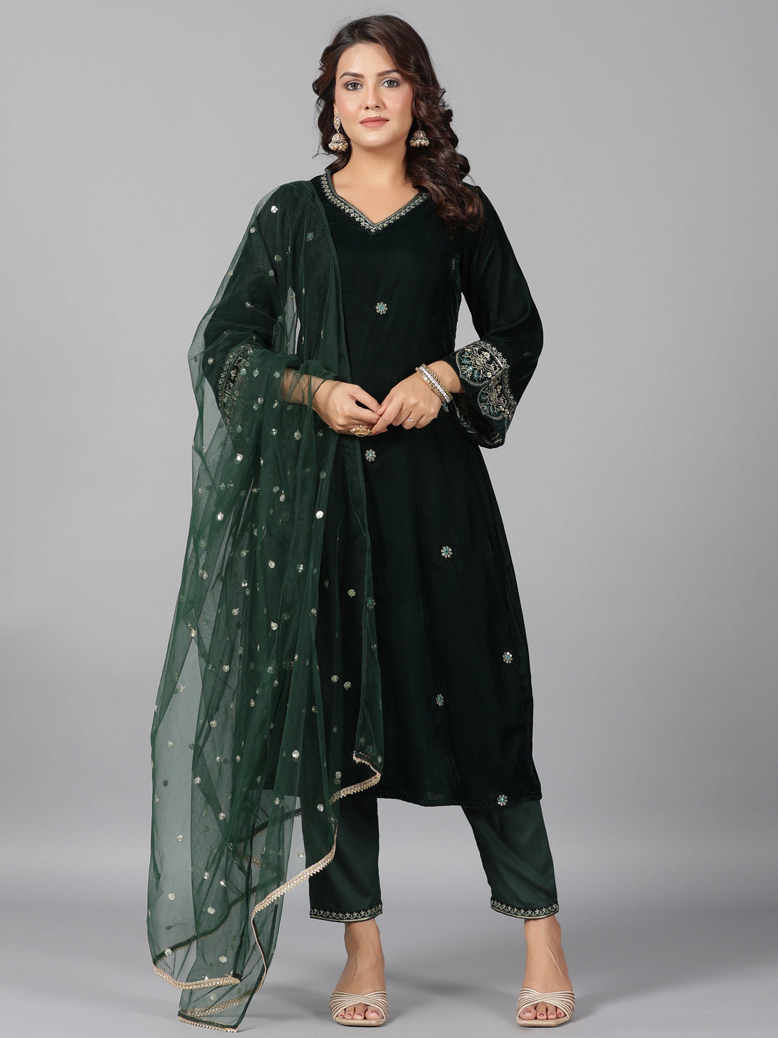 Women's Bottlegreen Velvet Embroidered Kurta, Pants & Dupatta Set - Juniper