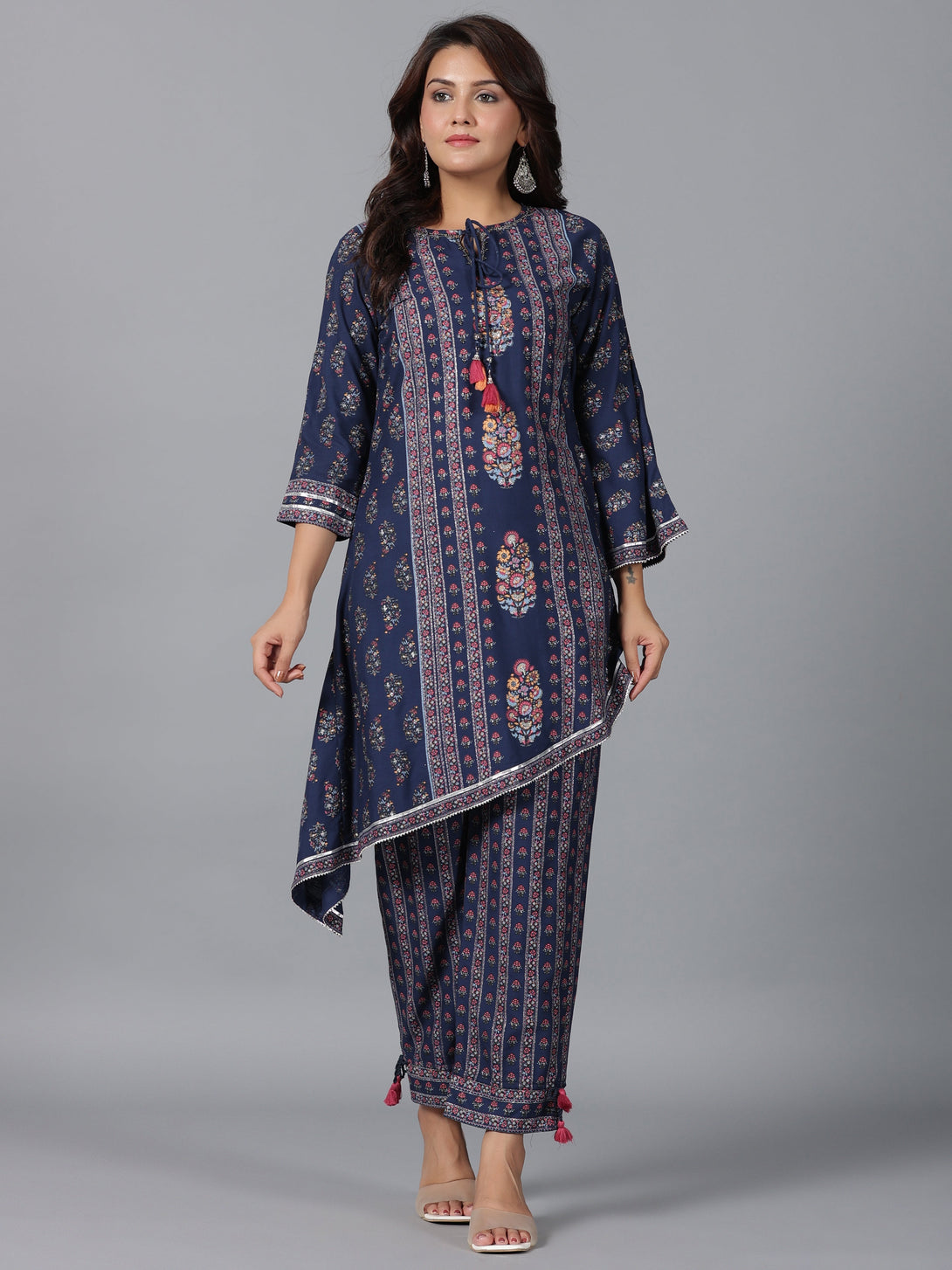 Women's Navy Blue Rayon Printed Kurta Pant Set - Juniper