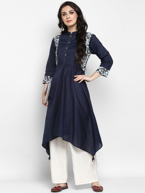 Women's Navy Asymmetric Hem Kurta - Pannkh