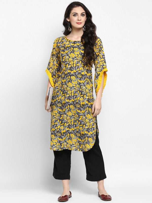 Women's Yellow Floral Printed Petal Sleeves Kurta - Pannkh