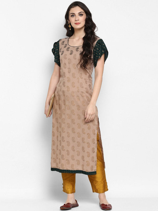 Women's Paisly Golden Printed Embroidered Kurta - Pannkh