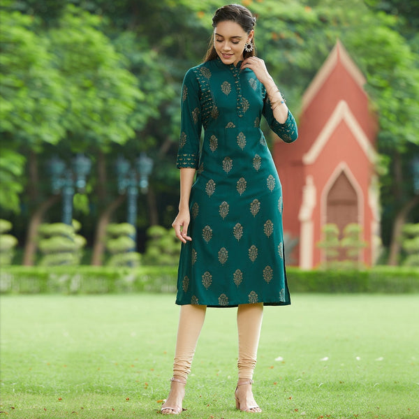 Women's Green Golden Print Straight Kurta - Pannkh