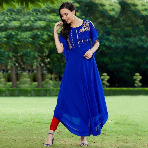 Women's Blue Embroidered Sheer Asymmetric Kurta - Pannkh