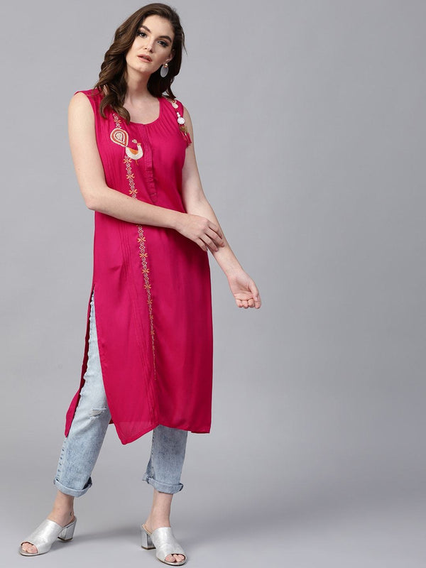 Women's Sleeveless Embroidered Straight Kurta - Pannkh