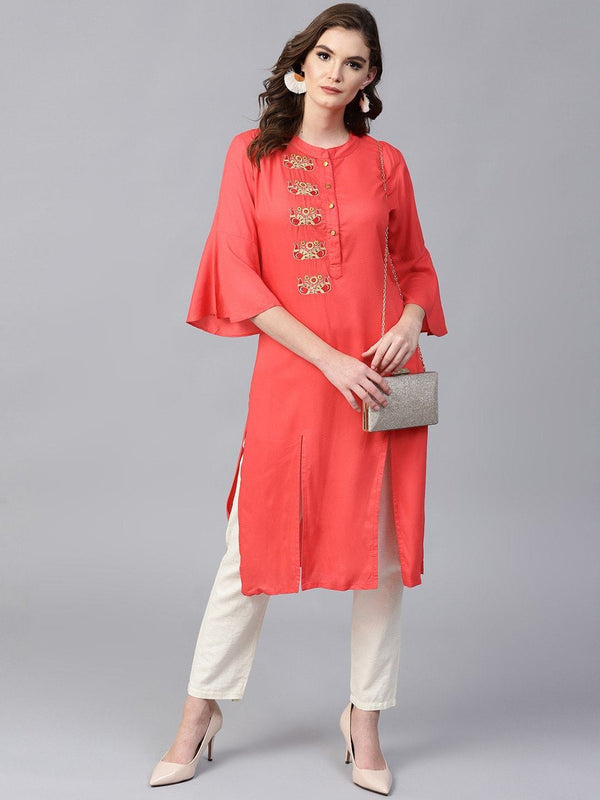 Women's Red Embroidered Bell Sleeves Straight Kurta - Pannkh