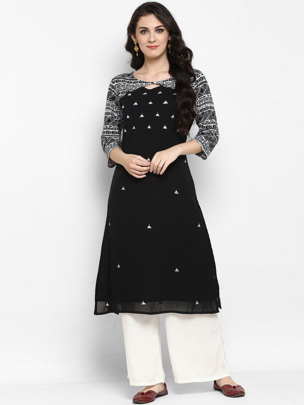 Women's Black Knitted Embroidered Kurta - Pannkh