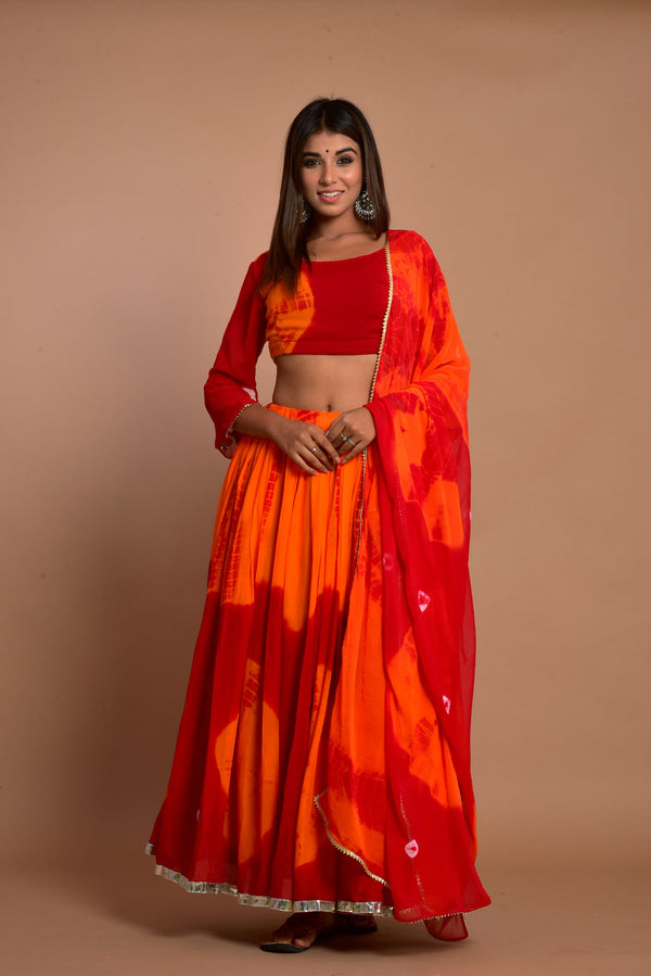 Women's Red Hand Tie And Die Lehenga Set - Saras The Label