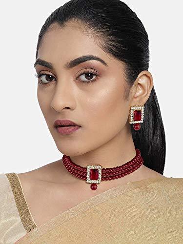 Women's  Gold Plated Maroon Handcrafted Stone Studded Pearl Choker Necklace Jewellery Set With Earrings - i jewels