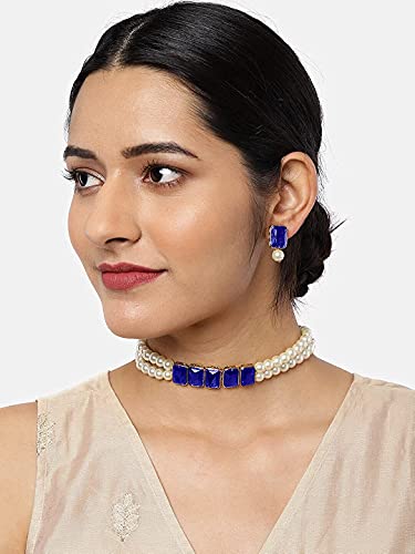 Women's Gold Plated Blue Crystal Stone Pearl Studded Choker Necklace Set - i jewels