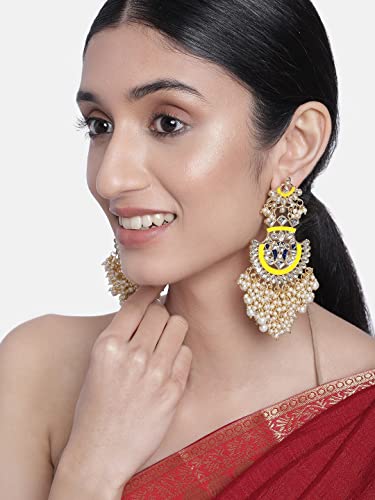 Women's 18K Gold Plated Traditional Handcrafted Meenakari Chandelier Earrings Glided With Pearl (E3008Y) - I Jewels