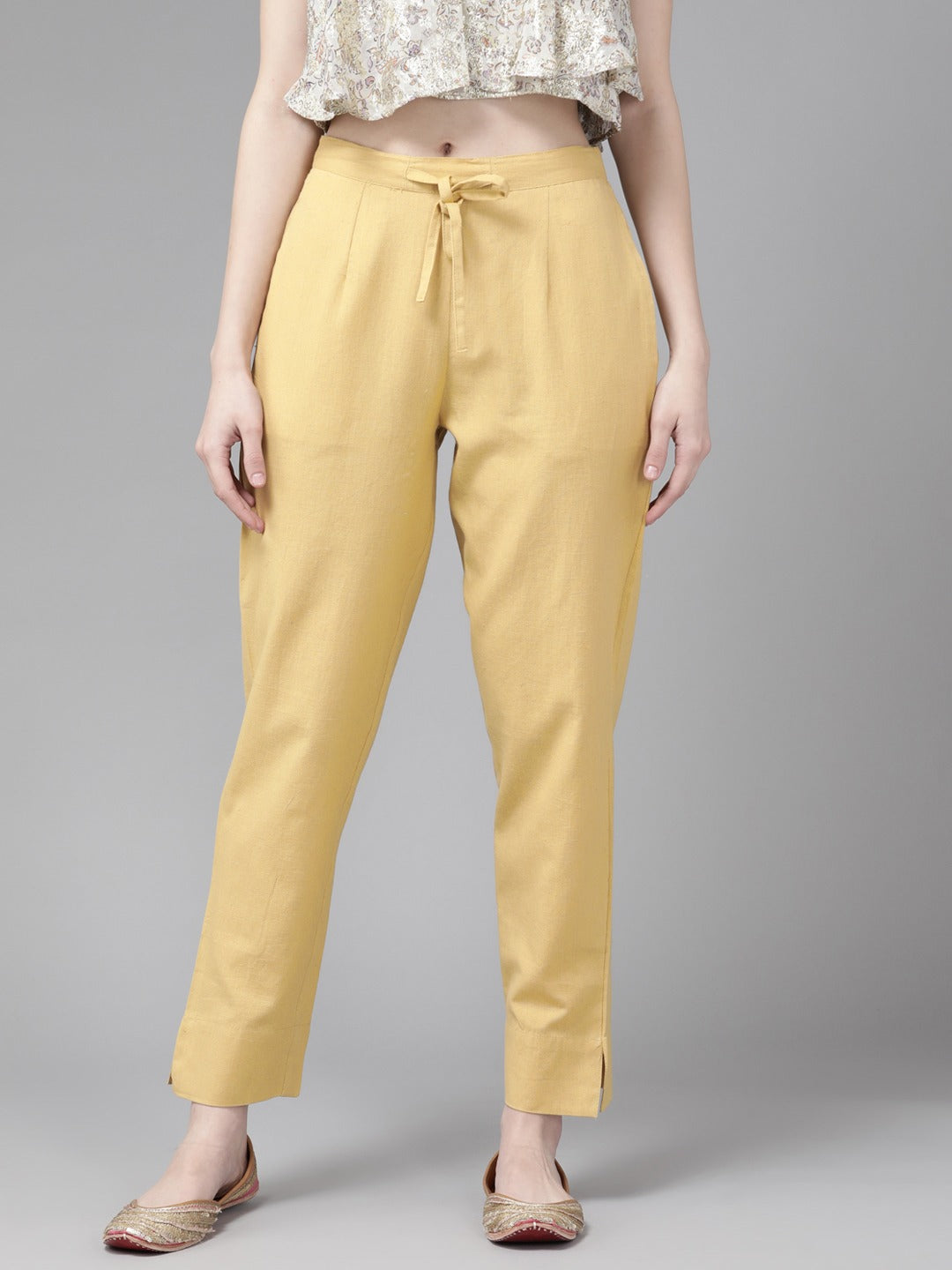 Women's Beige Slim Fit Pure Cotton Trousers - Yufta