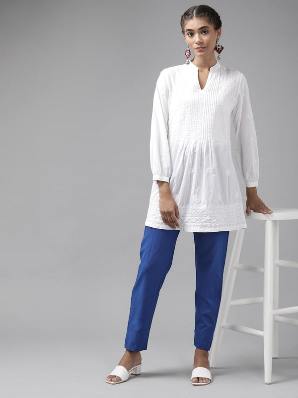 Women's Blue Pure Cotton Slim Fit Trousers - Yufta