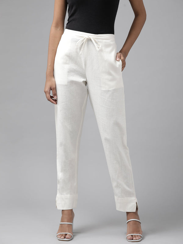 Women's White Pure Cotton Slim Fit Trousers - Yufta