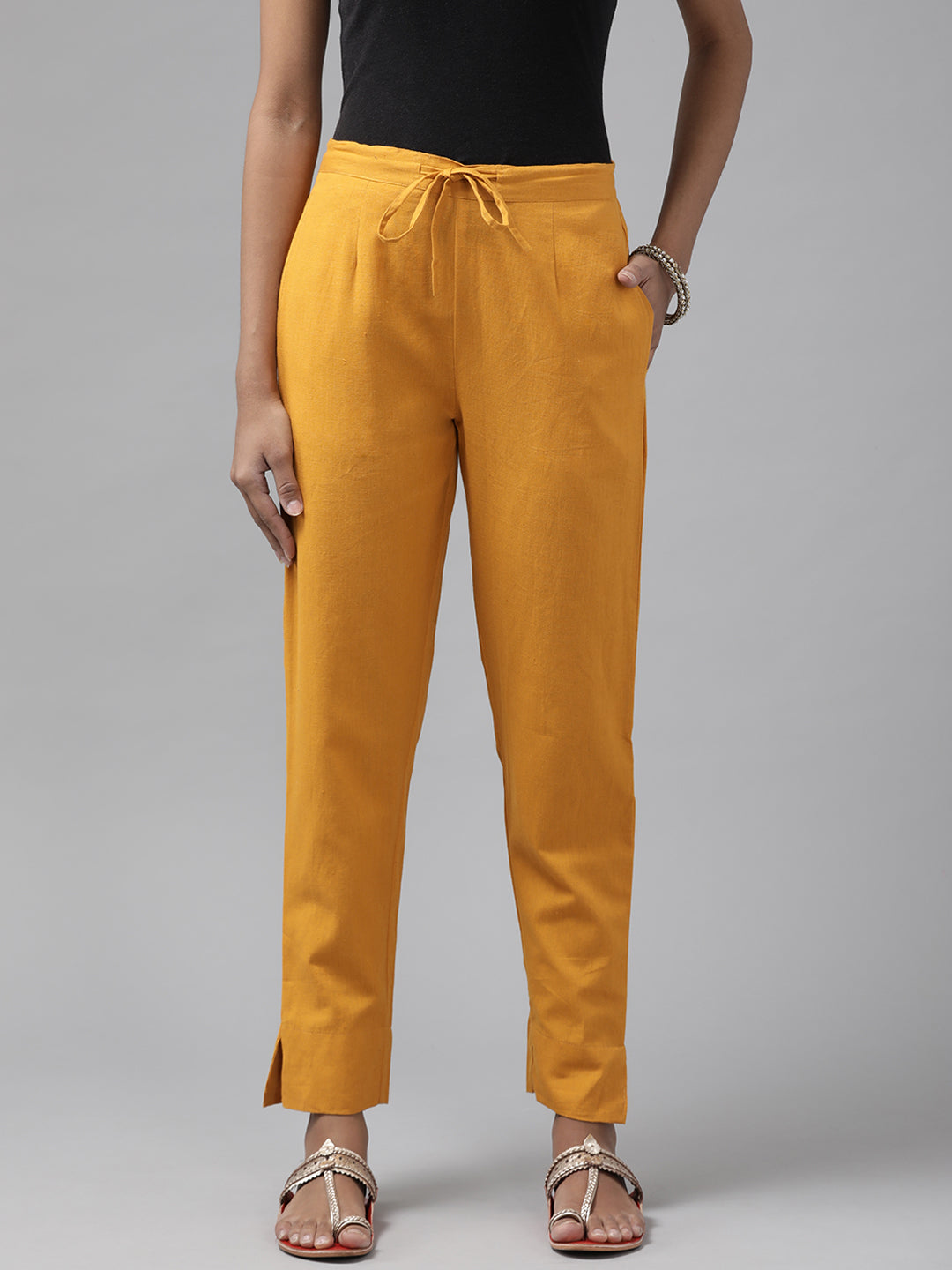 Women's Yellow Pure Cotton Slim Fit Trousers - Yufta