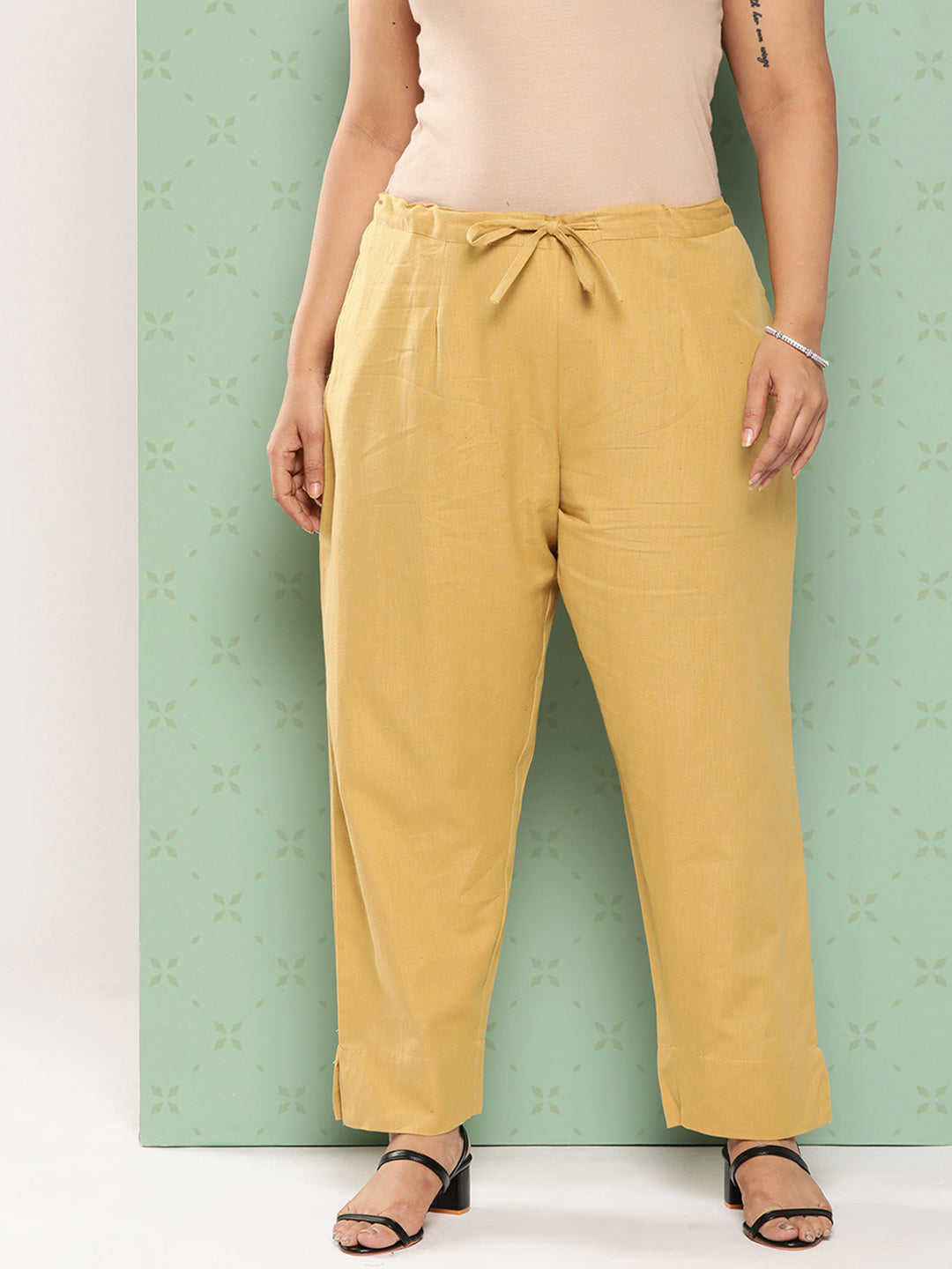 Women's Beige Pure Cotton Plus Size Slim Fit Trousers - Yufta