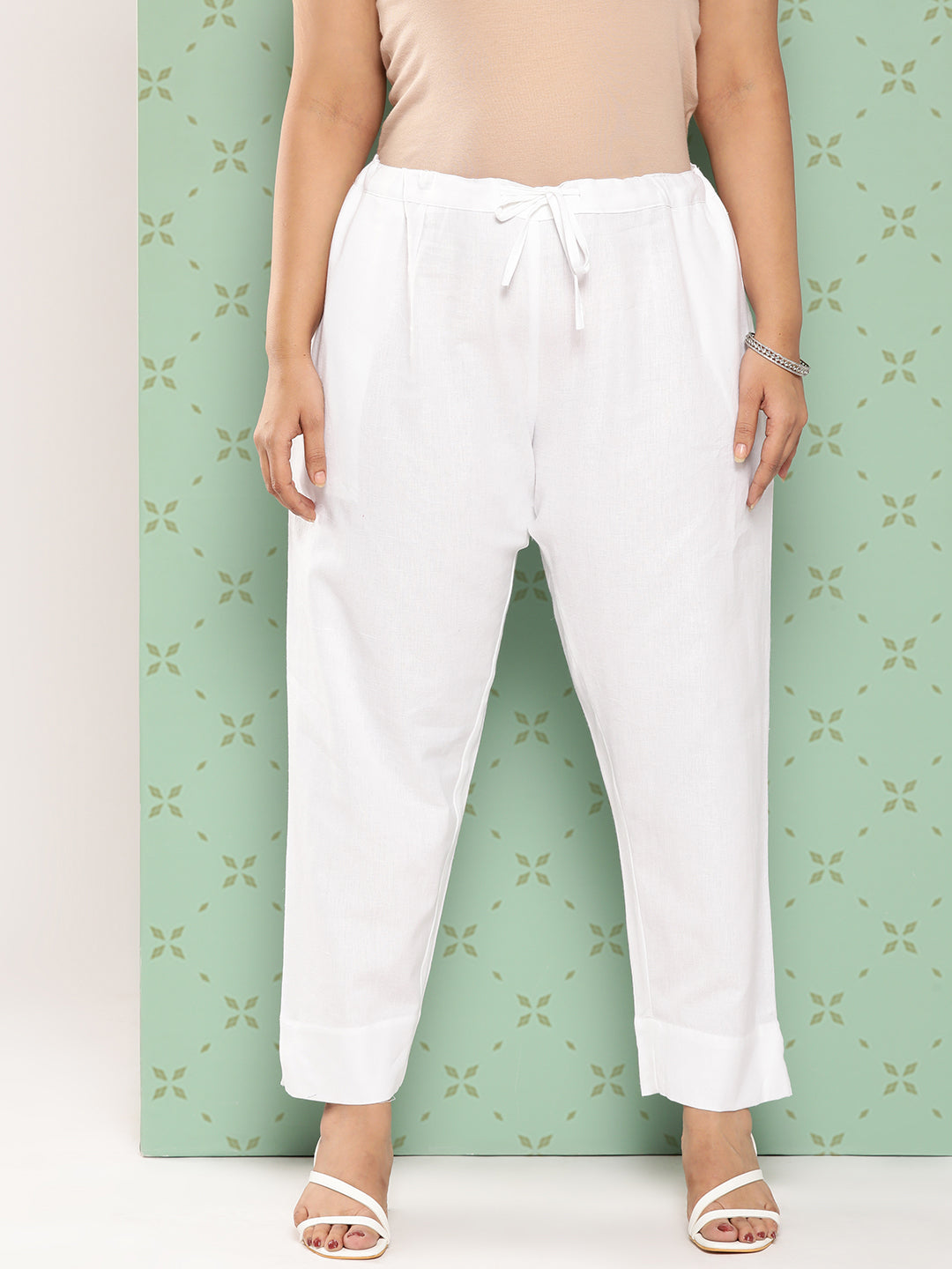 Women's White Pure Cotton Plus Size Slim Fit Trousers - Yufta