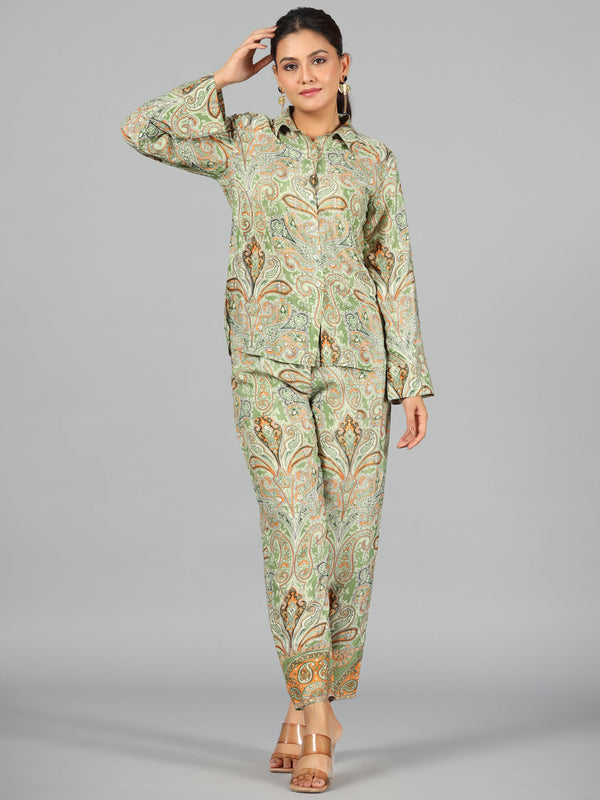 Women's Green Kasturi Silk Printed Clothing Set - Juniper