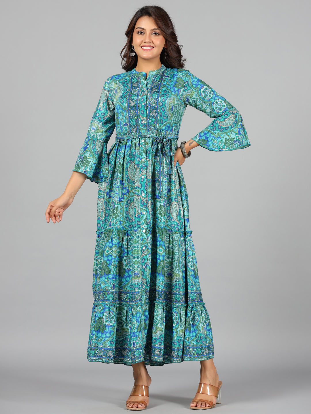 Women's Blue Kasturi Silk Printed Tiered Maxi Dress - Juniper