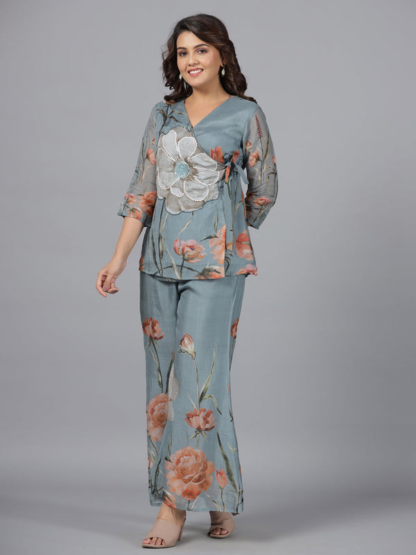 Women's Grey Organza Printed Clothing Set - Juniper